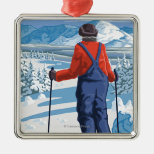 Skier Admiring - Stevens Pass, Washington Metal Tree Decoration
