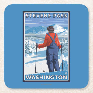 Skier Admiring - Stevens Pass, Washington Square Paper Coaster