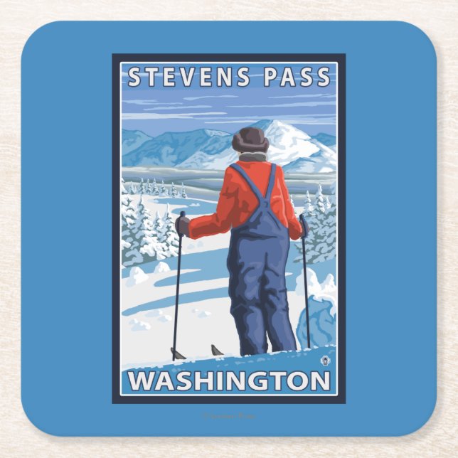Skier Admiring - Stevens Pass, Washington Square Paper Coaster (Front)