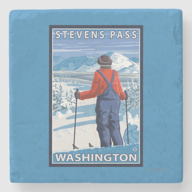 Skier Admiring - Stevens Pass, Washington Stone Coaster (Front)