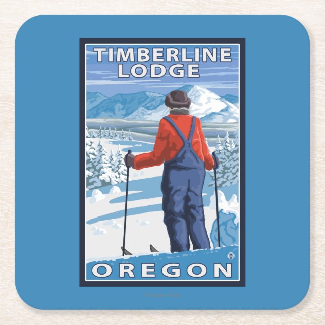 Skier Admiring - Timberline Lodge, Oregon Square Paper Coaster (Front)