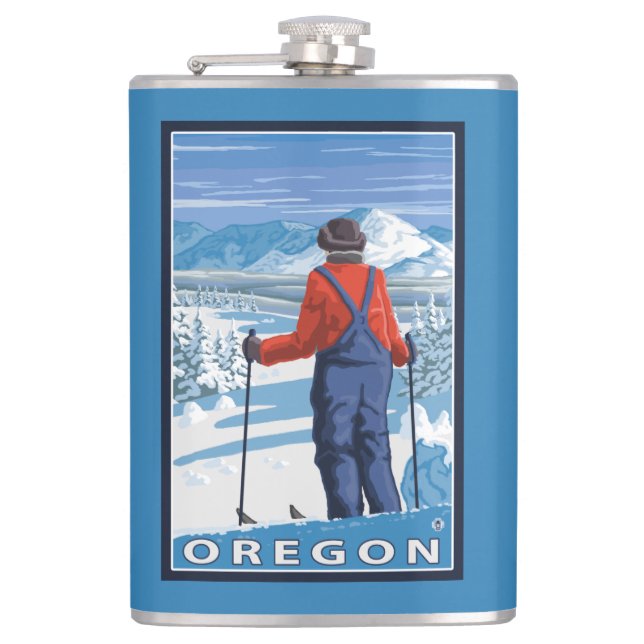 Skier Admiring- Vintage Travel Poster Hip Flask (Front)