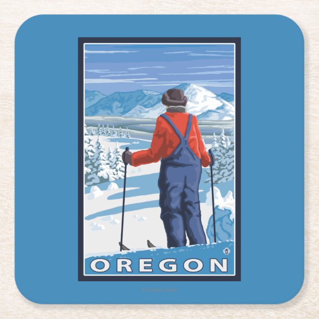 Skier Admiring- Vintage Travel Poster Square Paper Coaster (Front)