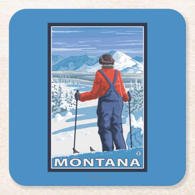 Skier AdmiringMontanaVintage Travel Poster Square Paper Coaster (Front)