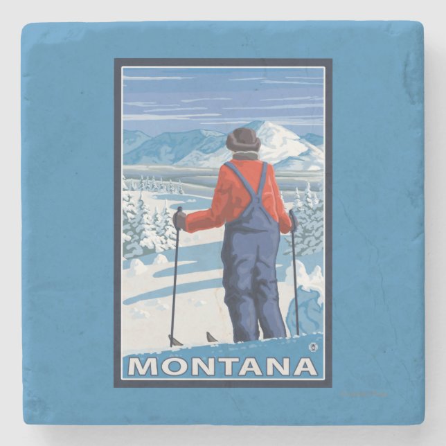 Skier AdmiringMontanaVintage Travel Poster Stone Coaster (Front)