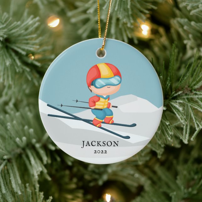 Skier Boy Personalised Christmas Ceramic Ornament (Tree)