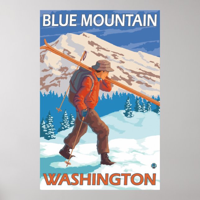 Skier Carrying Snow Skis - Blue Mountain, WA Poster (Front)