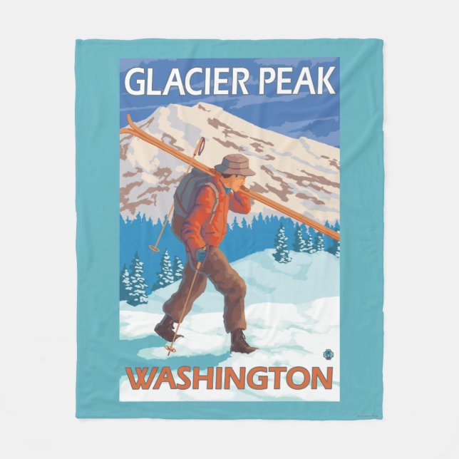 Skier Carrying Snow Skis - Glacier Peak, WA Fleece Blanket (Front)