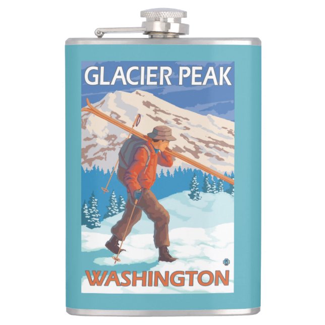 Skier Carrying Snow Skis - Glacier Peak, WA Hip Flask (Front)
