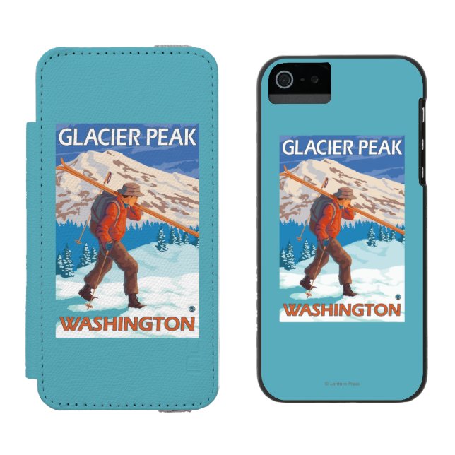 Skier Carrying Snow Skis - Glacier Peak, WA Incipio iPhone Wallet Case (Side by Side)
