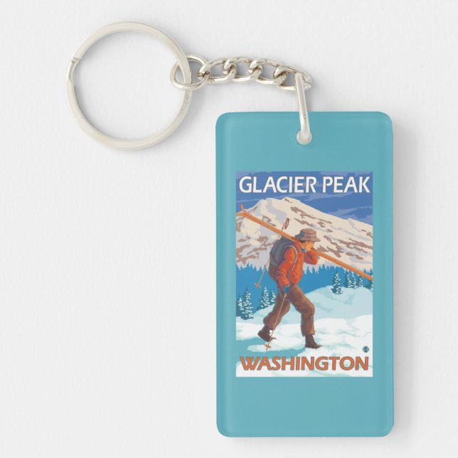 Skier Carrying Snow Skis - Glacier Peak, WA Key Ring (Front)
