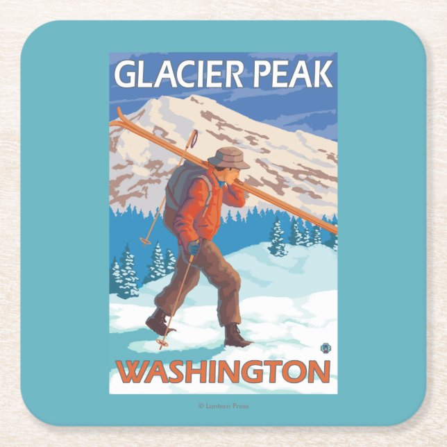 Skier Carrying Snow Skis - Glacier Peak, WA Square Paper Coaster (Front)