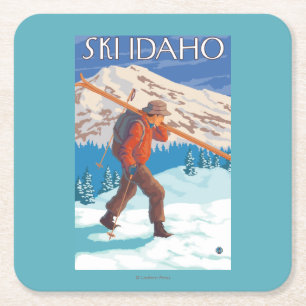 Skier Carrying Snow Skis - Idaho Square Paper Coaster