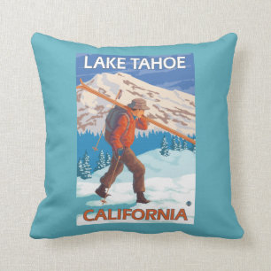 Skier Carrying Snow Skis - Lake Tahoe, Californi Cushion