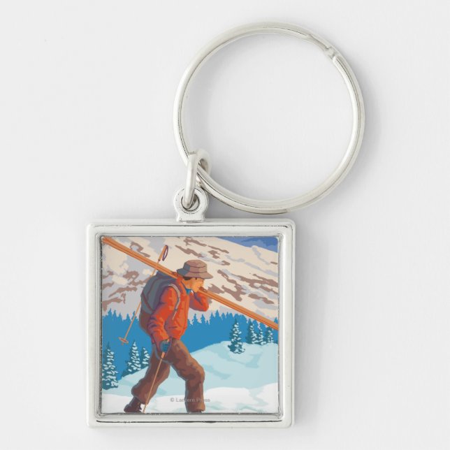 Skier Carrying Snow Skis - Montana Key Ring (Front)