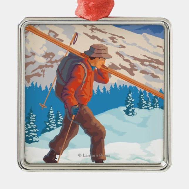 Skier Carrying Snow Skis - Montana Metal Tree Decoration (Front)