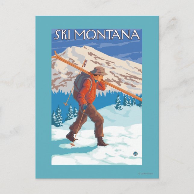 Skier Carrying Snow Skis - Montana Postcard (Front)