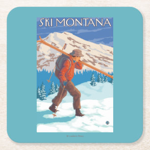 Skier Carrying Snow Skis - Montana Square Paper Coaster