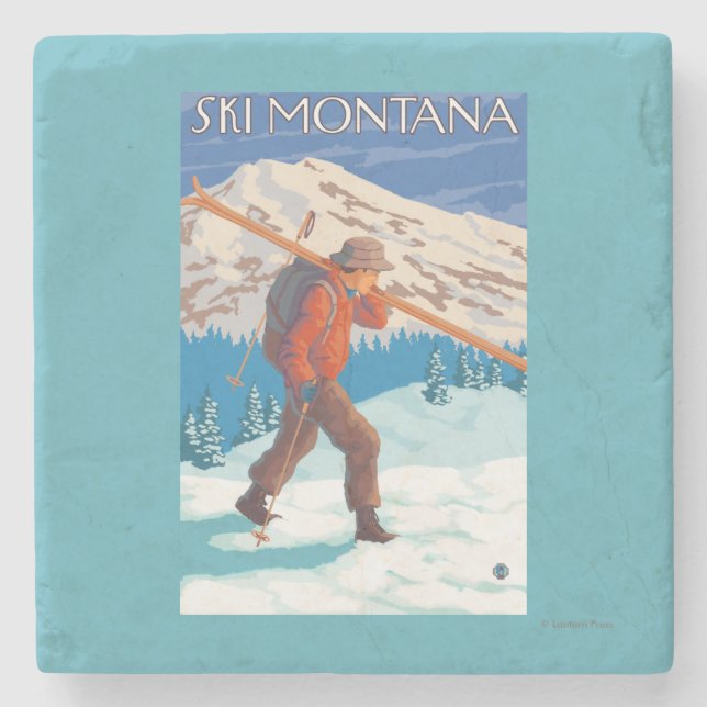 Skier Carrying Snow Skis - Montana Stone Coaster (Front)