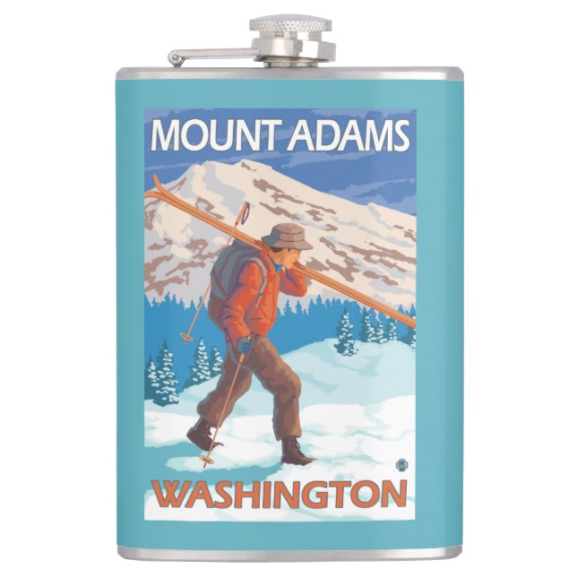 Skier Carrying Snow Skis - Mount Adams, WA Hip Flask (Front)