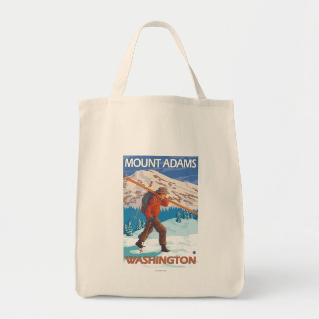 Skier Carrying Snow Skis - Mount Adams, WA Tote Bag (Front)