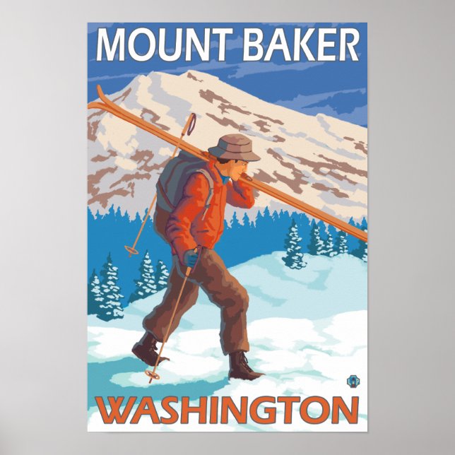 Skier Carrying Snow Skis - Mount Baker, WA Poster (Front)