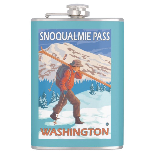 Skier Carrying Snow Skis - Snoqualmie Pass, WA Hip Flask (Front)