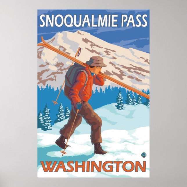 Skier Carrying Snow Skis - Snoqualmie Pass, WA Poster (Front)