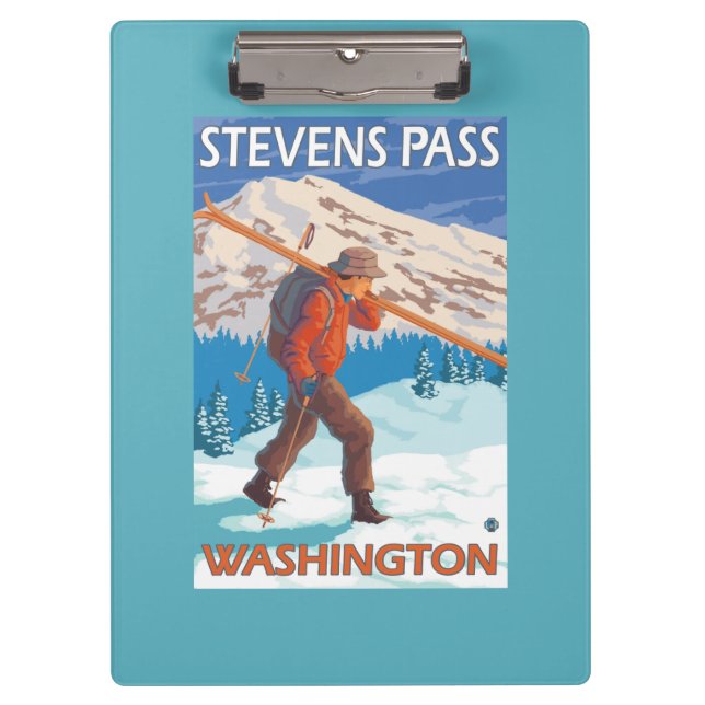 Skier Carrying Snow Skis - Stevens Pass, WA Clipboard (Front)