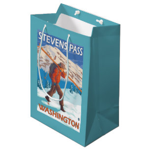 Skier Carrying Snow Skis - Stevens Pass, WA Medium Gift Bag