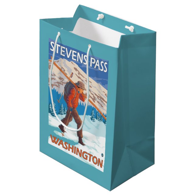 Skier Carrying Snow Skis - Stevens Pass, WA Medium Gift Bag (Front Angled)