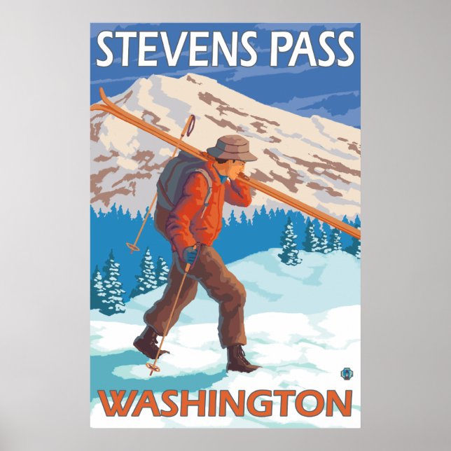 Skier Carrying Snow Skis - Stevens Pass, WA Poster (Front)