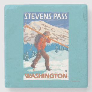 Skier Carrying Snow Skis - Stevens Pass, WA Stone Coaster