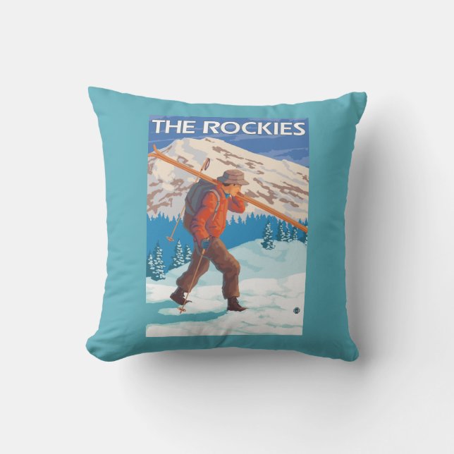Skier Carrying Snow Skis - The Rockies Cushion (Front)