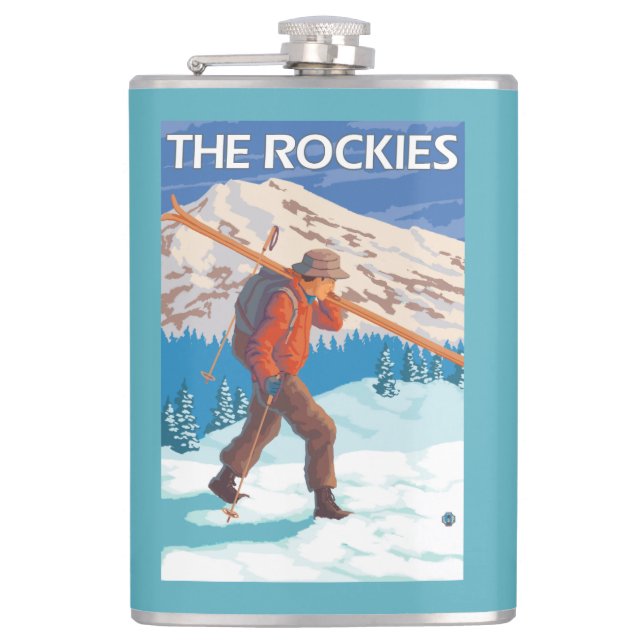 Skier Carrying Snow Skis - The Rockies Hip Flask (Front)