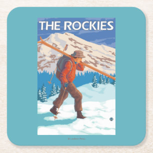 Skier Carrying Snow Skis - The Rockies Square Paper Coaster