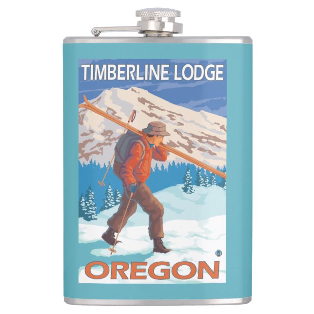 Skier Carrying Snow Skis - Timberline Lodge, OR Hip Flask (Front)