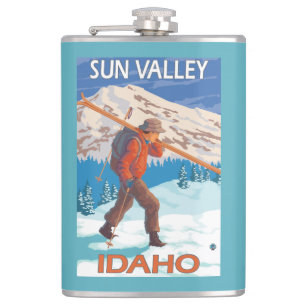 Skier Carrying Snow Skis- Vintage Travel 2 Hip Flask