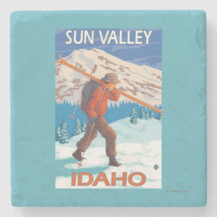 Skier Carrying Snow Skis- Vintage Travel 2 Stone Coaster