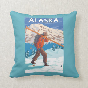 Skier Carrying Snow Skis- Vintage Travel 3 Cushion