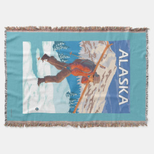 Skier Carrying Snow Skis- Vintage Travel 3 Throw Blanket