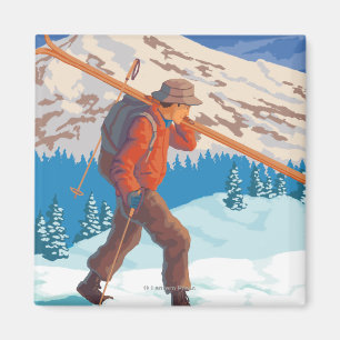 Skier Carrying Snow Skis- Vintage Travel Magnet