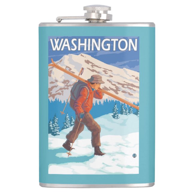 Skier Carrying Snow Skis - Washington Hip Flask (Front)