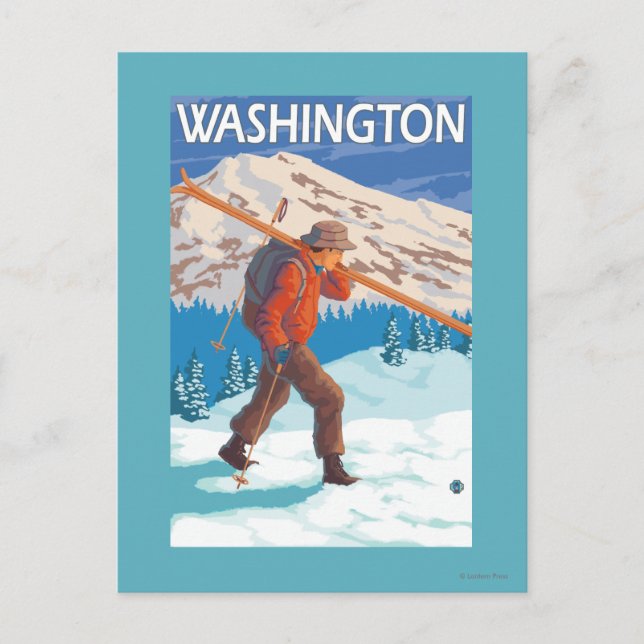 Skier Carrying Snow Skis - Washington Postcard (Front)