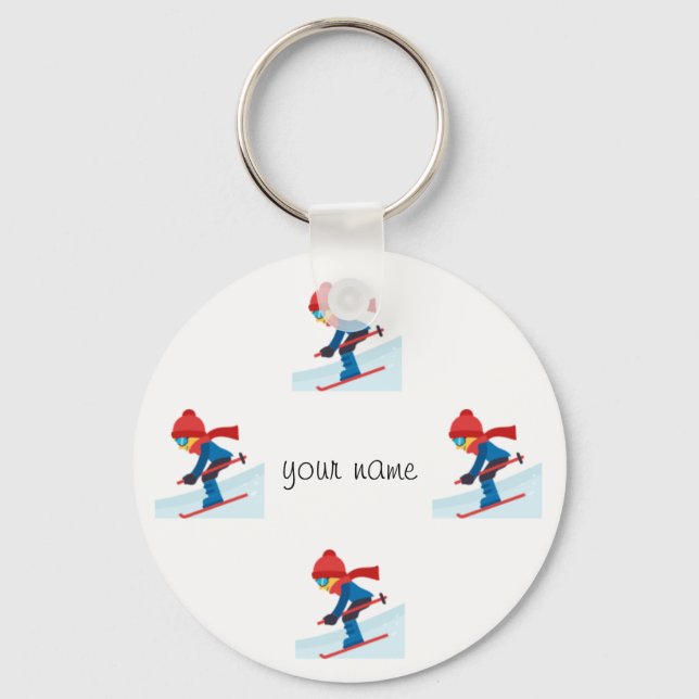 Skier Emoji  and '' Your Name Here " Key Ring (Front)