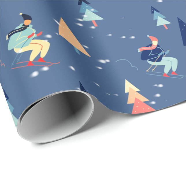 Skier In Snowflakes On Blue Wrapping Paper (Roll Corner)