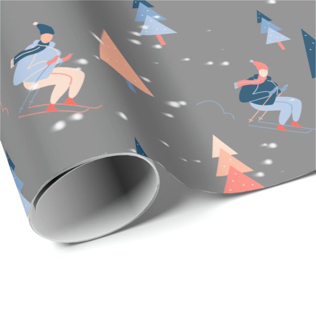 Skier In Snowflakes On Grey Wrapping Paper (Roll Corner)