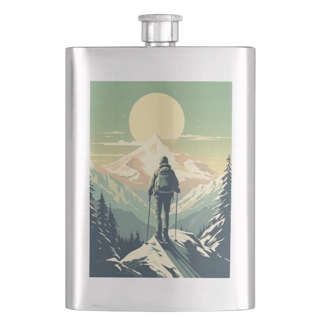 Skier On Top Of The Mountain Hip Flask (Front)