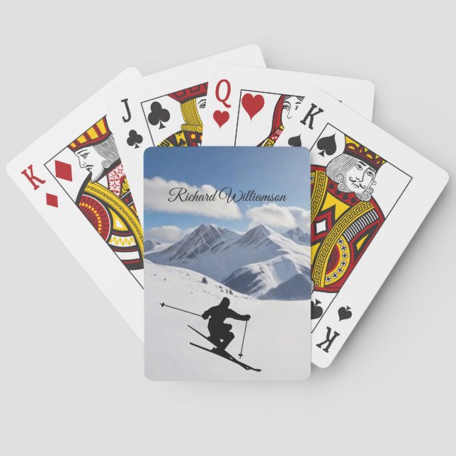 Skier Silhouette on snowy mountains Personalise Playing Cards (Back)
