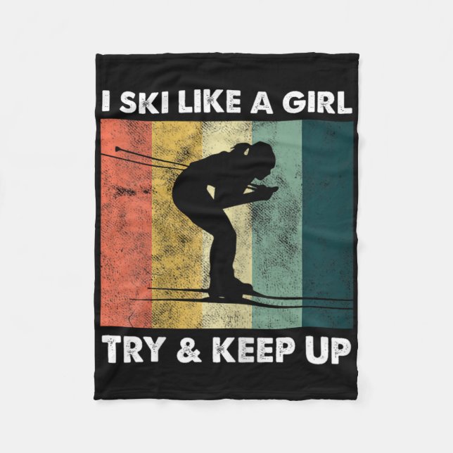 Skier Ski Retro Sportswoman Try Snow Sport  Fleece Blanket (Front)